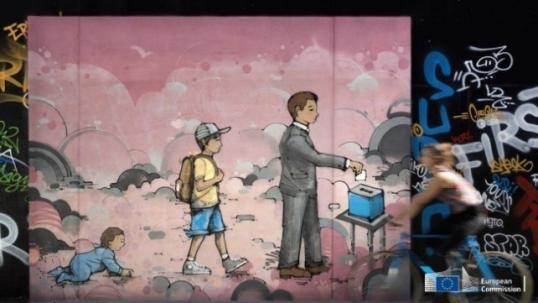 a mural with a young boy and a man voting